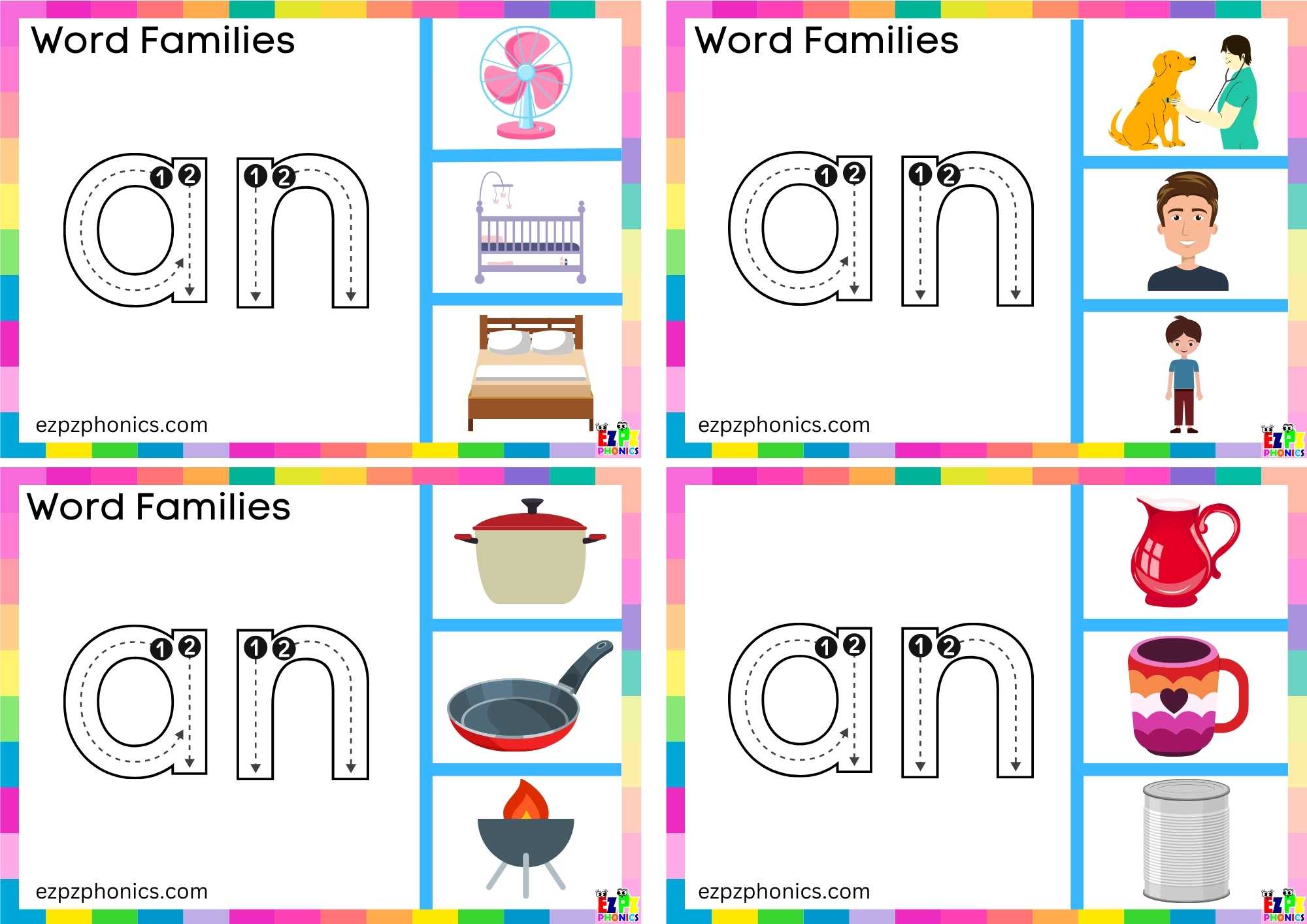 Read the word and clip the correct image. Clip Cards for Word Family an Includes the words: fan, pan, man and can